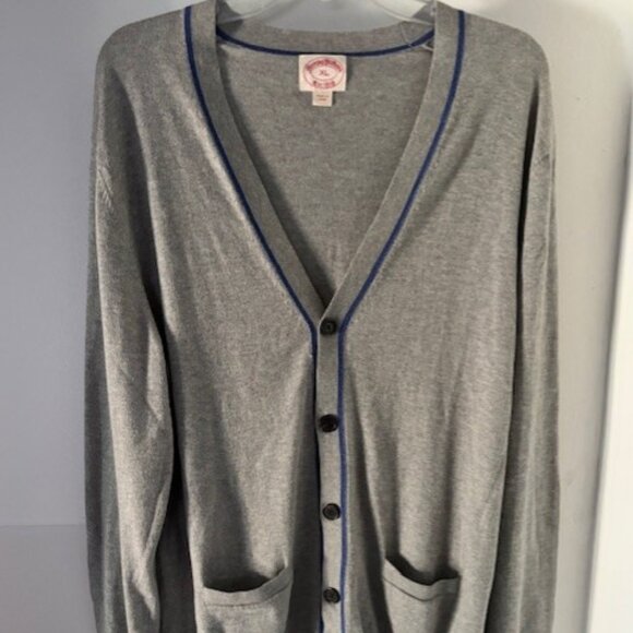 Brooks Brothers Cardigan Sweater XL Gray Blue Trim Knit V Neck Classic Casual - Picture 1 of 7